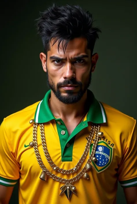 Create a dark-haired man with a Brazilian national team polo shirt full of gold laces and thimbles looking like MC Poze 
