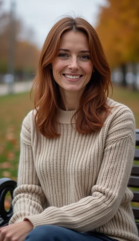 A 37-year-old woman with medium-length chestnut hair, wearing a knitted sweater, sitting on a park bench on a chilly autumn afternoon.