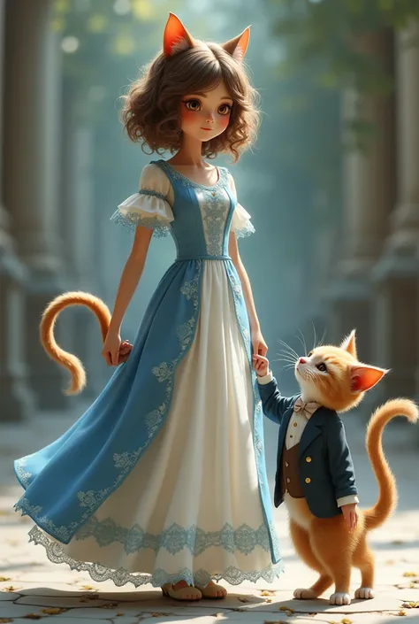 A cat girl with curly brown hair, dressed in a long white and blue dress, is flanked by a cat with a tail dressed like a rich man. 