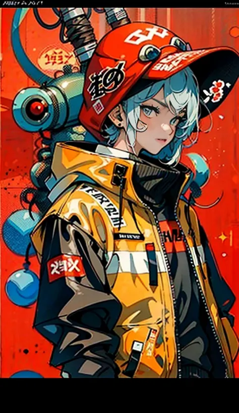 anime boy, create a red background , and the one with a yellow and red hooded jacket, stylo cyberpunk , doodle art mix ,