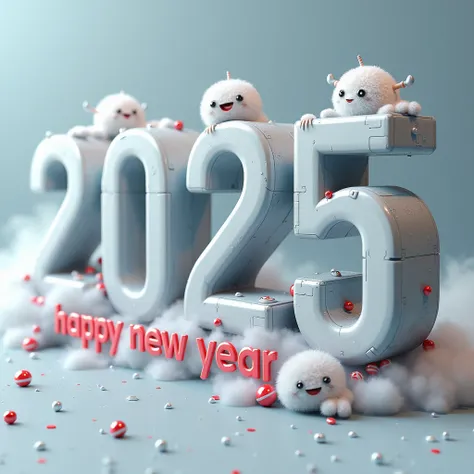 "2025" text block, , 3D, text block, "happy new year" text,smoke, cartoon, minimalism, robotic decoration, futuristic theme, cute fluffy robots