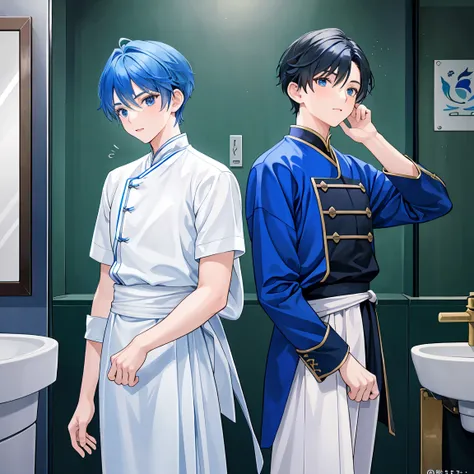  two boys in a medieval washroom( s) talking 。Blue haired and dark haired 。 gorgeous costume 