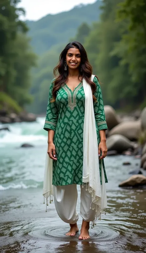 A women standing near car wearing Womens harlequin green Pure Cotton tight Kurta and white loose Afghani salwar with white Dupatta ,curvy model, beautiful model girl, perfect body, sexy girl, wearing tight shirt, lovely woman, brown hair and a perfect body...