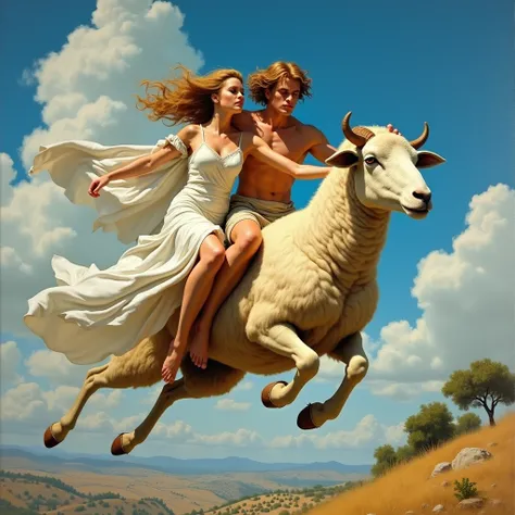 oil painting by Frank Frazetta。((Golden-haired sheep ))に乗って空を飛んでいる古代ギリシャの若い男と若い女。((( woman is a young man and young woman flying through the sky in ancient Greece riding )))