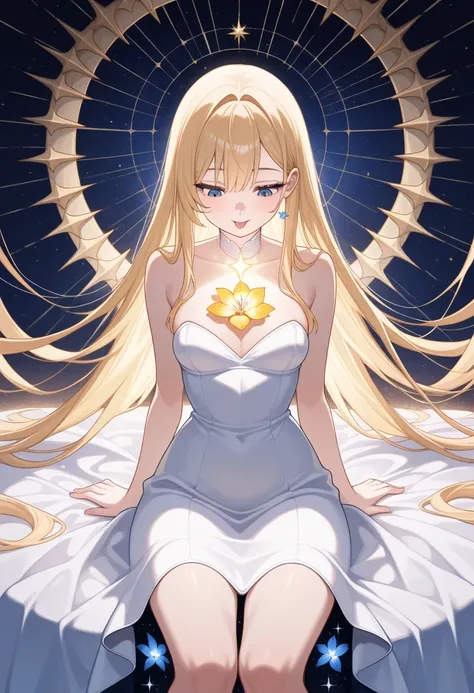   girl  , Looking down at myself 　 the tongue is curved from the chest,   sexy,  Blonde, flower,  beautiful,  Light Makeup ,   complicated details , star, dream,   knight ,  dress, outside, 8K Yen,   Perfect Anatomy ,   top quality  ,