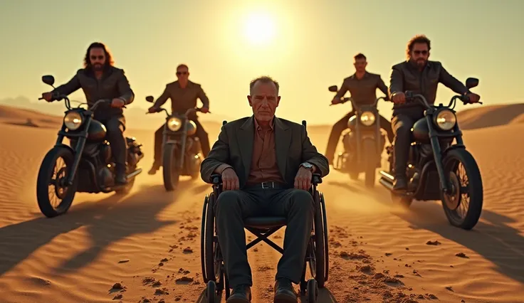 A 40-year-old veteran is sitting in a wheelchair, facing a biker gang that has surrounded him. The scene takes place in the desert.