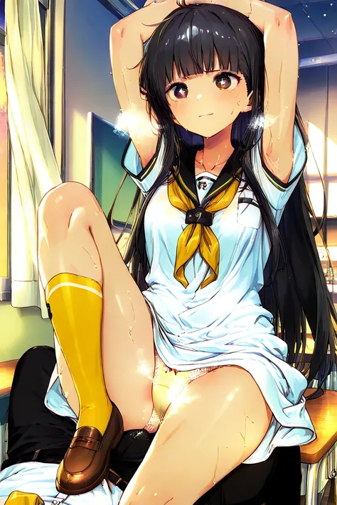 Kaju Nukumizu, long hair, black hair, blunt bangs, brown eyes, school uniform,  serafuku, short sleeves, white shirt, yellow neckerchief, white dress, yellow socks, brown footwear, pajamas, collarbone,  short sleeves, long pants， M lettering、 top quality 、...