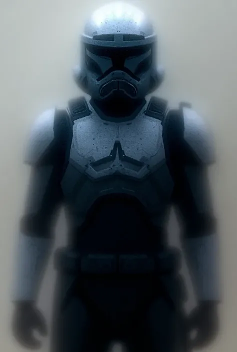  This is a clone soldier of the Grand Army of the Republic ,  dressed in specialized grey and black camouflage armor .  His armor has reinforced chest protective elements , Shoulders, arms and legs,  supplemented with tactical pockets and combat gear mount...