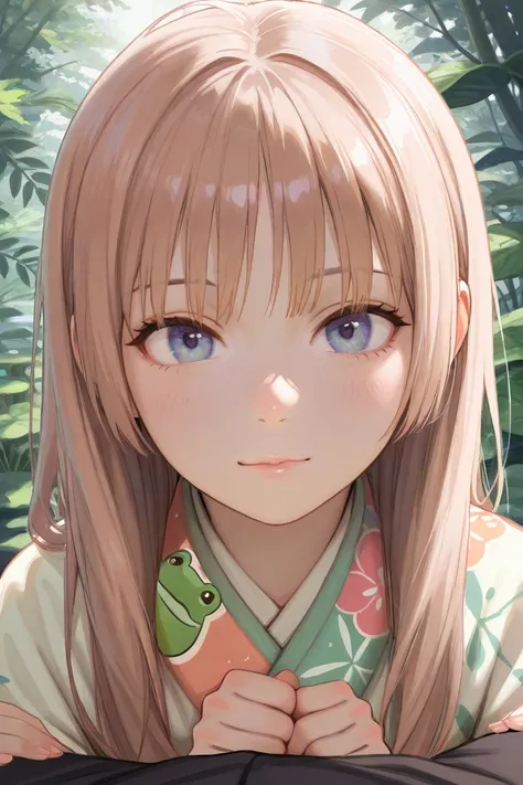 Teenage girl with light skin, light brown, shoulder-length hair with bangs, and large, expressive blue eyes, holding a large, detailed green frog.  The girl is wearing a colorful, ornate kimono-style jacket with a mix of patterns, including red circles and...