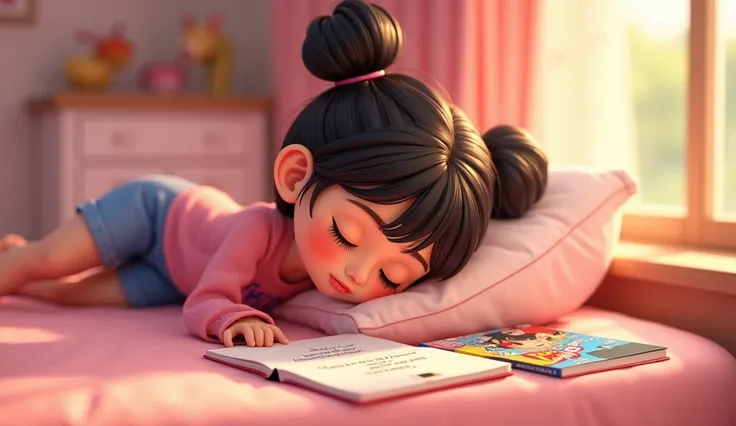 "A heartwarming scene of Uwu peacefully asleep on her bed with her pink diary and an open superhero comic beside her. Uwu is lying on her stomach, her head turned slightly to the side, with her hair in two buns on top and bangs softly framing her flushed, ...