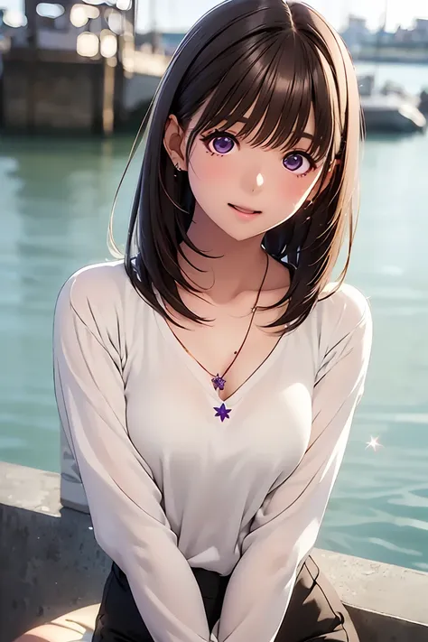   high resolution on down ,in 8K, best quality, Details,Semi-realistic anime, D Anime Style , Smooth Animated CG , one girl playing pranks, 19-year-old Japanese woman,slim,modeling,((Sparkling Eyes)),(( medium hair )),(Maroon Glowing Hair ), Pink Lips, Shi...