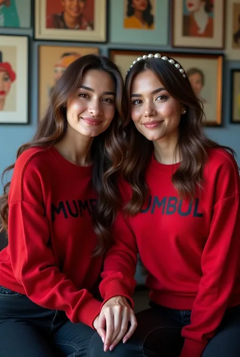  Portrait of 2 beautiful white Indonesian women aged 30, slightly filled body .and long brown hair and wear a Pearl bando over the head. wearing red sweaters with the name Mumbul . and long black jeans .they are sitting in the studio room . on the backgrou...