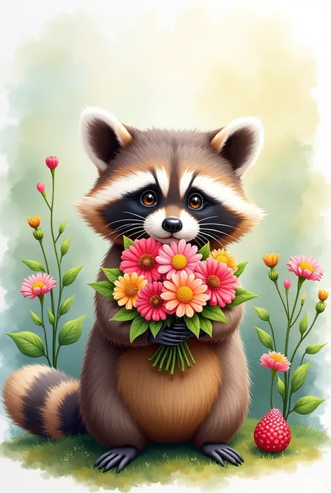 watercolor art, A cute raccoon holding colorful flowers, detailed oil painting style in the style of brush strokes and vibrant colors. --ar 31:24