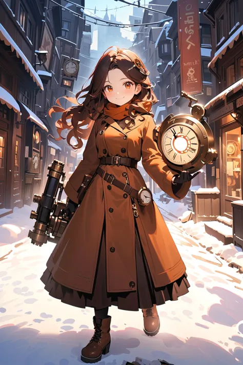 1 girl, (cute face), young steampunk girl, (long curly hair), (playful smile), (medium breasts), slim, (wearing a steampunk winter coat), knee-length, (gear and clockwork details),  
BREAK  
Snowy cityscape, steam rising from vents, (holding a mechanical g...