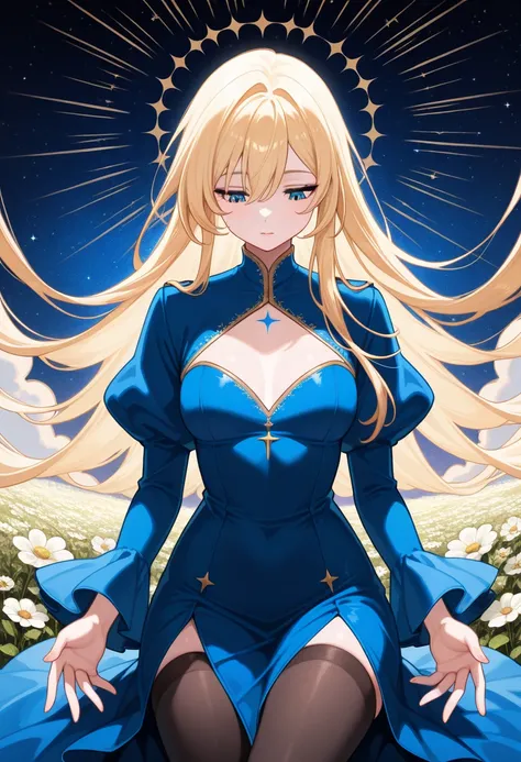   girl  , Overlooking　Looking down at myself 　I can see the bottom of my chest　 curved shape ,   sexy,  Blonde, flower,  beautiful,  Light Makeup ,   complicated details , star, dream,   knight ,  blue dress,  black stockings　outside, 8K Yen,   Perfect Ana...