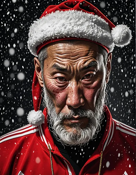 A brutal portrait of a criminal Kyrgyz Santa Claus in a dramatic black-and-white manner. The national cap is on his head. with a tattoo , in a red Adidas tracksuit, with a gold chain . One side of his face is dimly lit, and the other half is hidden in deep...