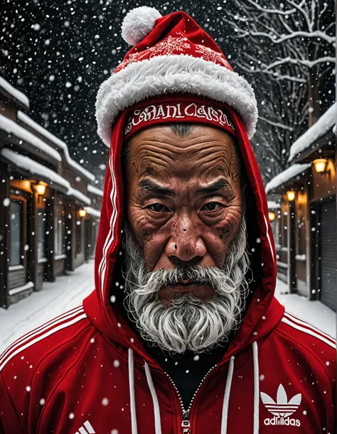 A brutal portrait of a criminal Kyrgyz Santa Claus in a dramatic black-and-white manner. The national cap is on his head. with a tattoo , in a red Adidas tracksuit, with a gold chain . One side of his face is dimly lit, and the other half is hidden in deep...