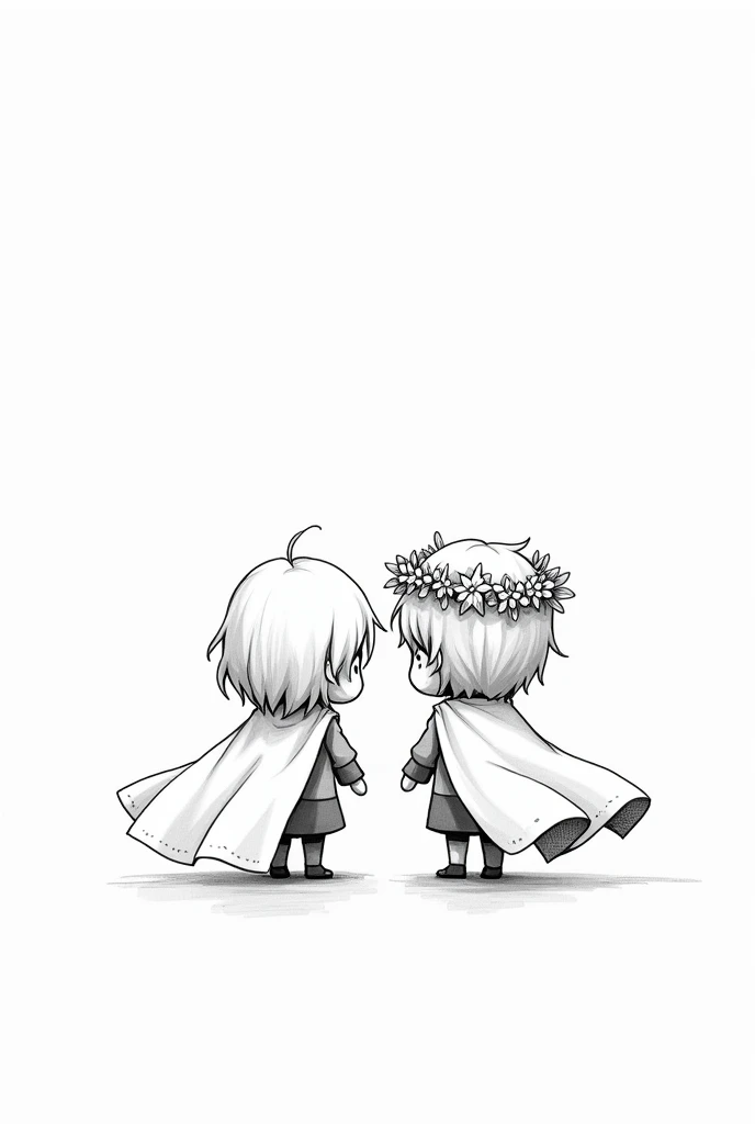 Black and white drawing to anime chibi boyfriend wearing cape and flower crown and next to him chibi girlfriend with short hair and wear cape and flower crown  