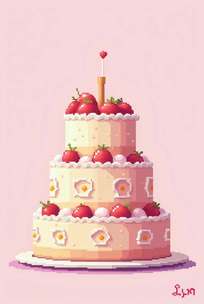 the picture shows a easy large 3-tier cake. The picture is a pixel art.