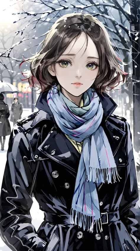 1girl, trench coat, scarf, looking away, cold breath