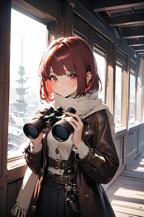 1 girl, (cute face), young steampunk girl, (short bob haircut), (confident expression), (small breasts), slim, (wearing aviator goggles and scarf), thigh-length, (leather accents),  
BREAK  
Snowy rooftop, distant smokestacks, (looking through binoculars:1...