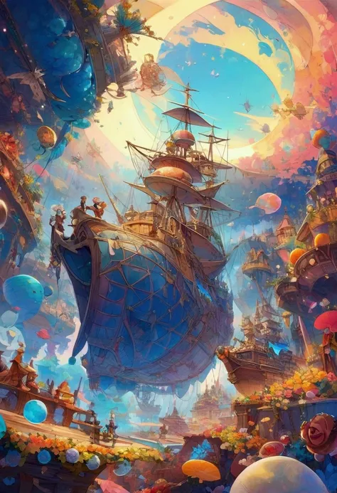 treasure planet, ship flies through the sky, sail flutters.