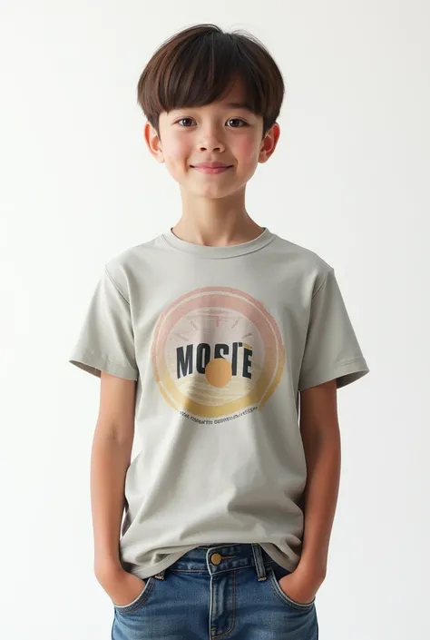 "Create a high-quality, realistic portrait of a young teenager aged 15, standing against a plain white background. He has a bowl cut hairstyle, with short, straight hair that frames his face. He is wearing a casual outfit consisting of a graphic t-shirt an...