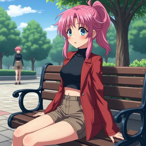  A 19-year-old woman with pink hair tied in Maria Chiquinha.  wearing a cropped black ,  brown shorts and a red overcoat ,  in a square sitting on a bench ,  she stands next to Seto Kaiba . Anime art style Yu-Gi-Oh 