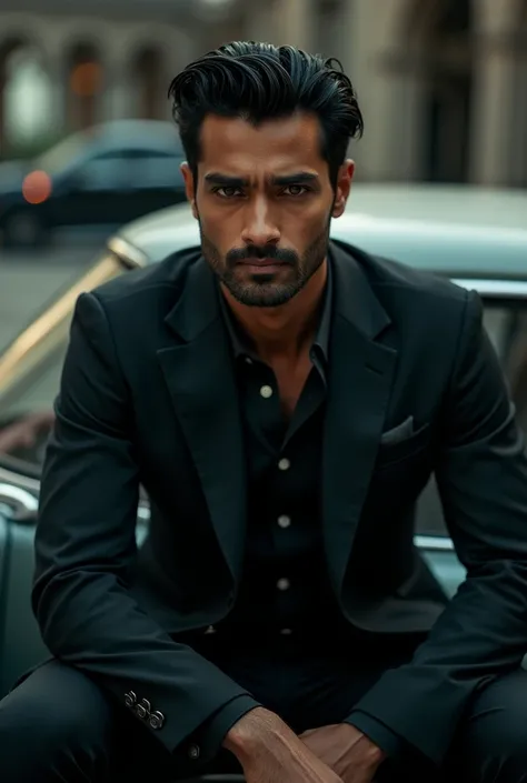 a handsome Indian man, detailed face, piercing eyes, chiseled jawline, dark hair, wearing black suit, along with his car, revenant movie lighting style, realistic aesthetic ethenic vintage 4k photography 