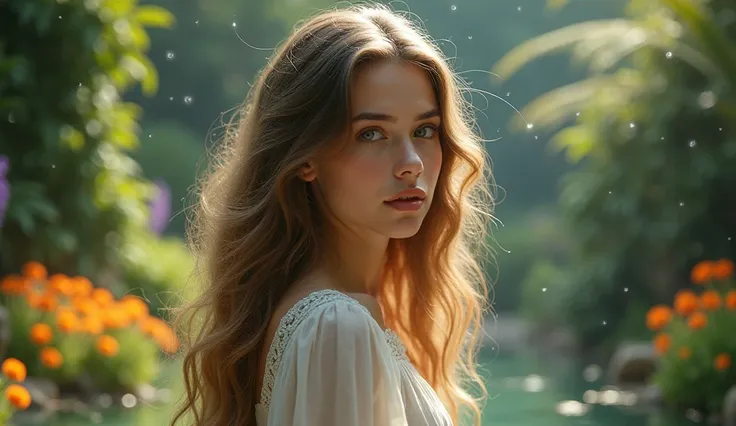 a beautiful young girl with long wavy hair, detailed facial features, elegant expression, wearing a flowing dress in soft pastel colors, standing in a serene garden landscape with lush greenery, flowers, and a calm pond, dramatic lighting and soft, dreamy ...