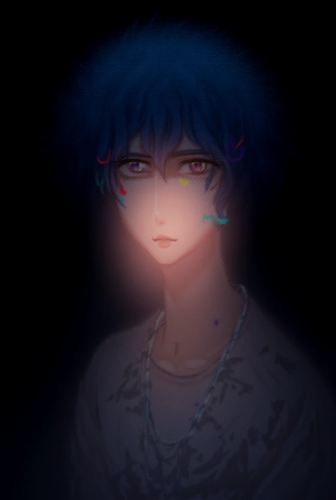 "A handsome anime-style young male artist with sharp, striking features. His expressive eyes shift in color—shades of blue, green, and purple—symbolizing his boundless creativity. His tousled hair, styled with vibrant streaks of electric blue, neon pink, a...