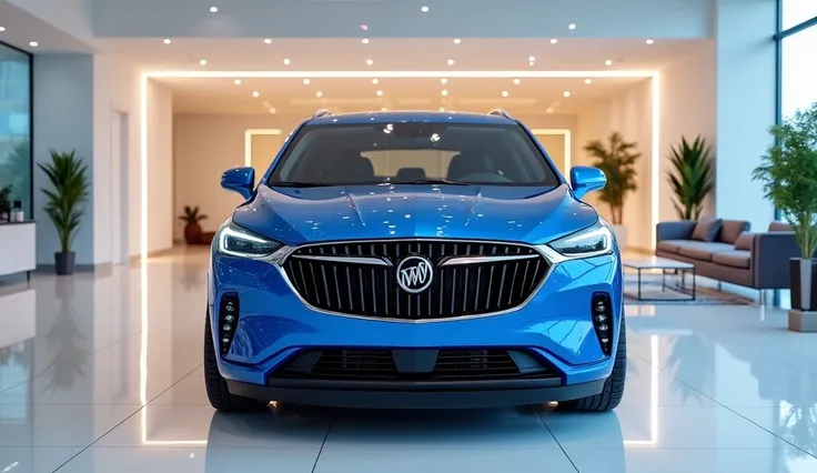 A luxurious (2025 buick Enclave)with a sleek futuristic design, shown from the (front) view, in a modern, elegant showroom. The environment is brightly illuminated with white ambient lighting, polished floors, and refined interior décor. Replace the (blue)...