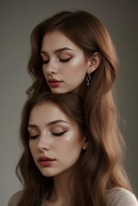 Create an image with the characteristics defined in the tag and avoid using the characteristics defined in the tag .

- A young woman with long, wavy, reddish-brown hair, wearing makeup with emphasis on smoky eyes and neutral-toned lipstick.
- The woman is...