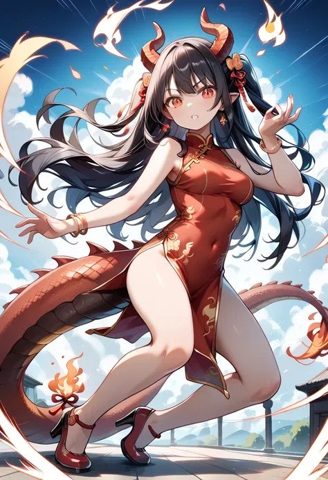 ((masterpiece, best quality, ultra detailed, high resolution, detailed facial description)), (solo, 1 girl), (cheongsam clothing with dragon embroidery:1.2), (long hair:1.3, Black hair with red inner color:1.3), (large dragon horn:1.2, red dragon tail), (t...