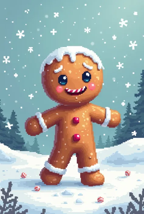 there is a gingerbread man in the picture. Snow is falling behind him. The picture is a pixel art.