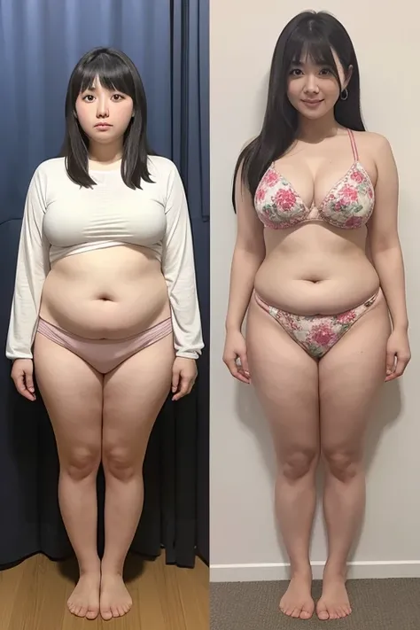 The full body of a Japanese woman before she gained weight and after becoming obese and her belly became huge