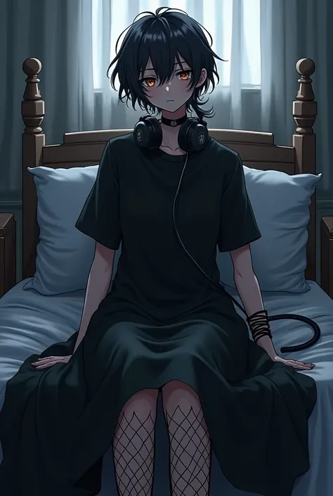 Boy with medium curly hair wearing a ponytail , wearing long black dress ,  fishnets and black t-shirt black anime-type headphones in an anime-type nightstand