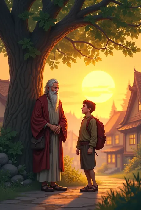 Dans un petit village,  a wise old man named Bio was standing under a big tree, his son by his side .  The sun set slowly ,  casting a golden light on their faces .