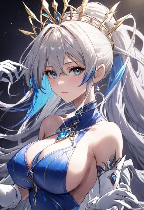 first person view ((attach cable, attach tubes, penetrating tubes)), thin eyes, ((sexy eyes, mature atmosphere, 1woman, breasts, slender)), holy, sacred, expressionless, goddess, ponytail, bangs, tiara, ruan mei (honkai: star rail), bronya rand, long hair,...