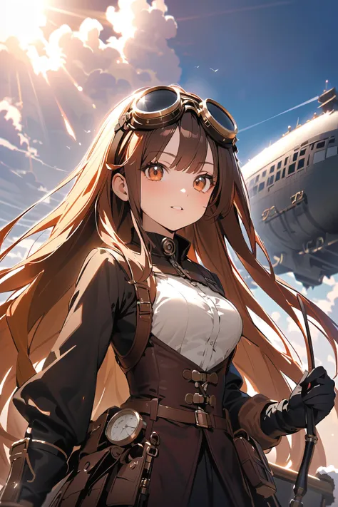 1 girl, (cute face), young steampunk girl, (long straight hair), (determined expression), (medium breasts), slim, (wearing a winter pilot outfit), knee-length, (goggles on forehead),  
BREAK  
Snow-covered airfield, vintage airships docked, (preparing for ...