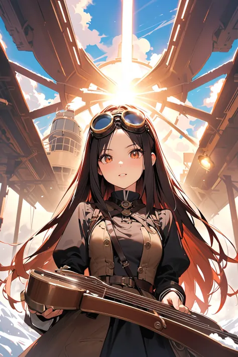 1 girl, (cute face), young steampunk girl, (long straight hair), (determined expression), (medium breasts), slim, (wearing a winter pilot outfit), knee-length, (goggles on forehead),  
BREAK  
Snow-covered airfield, vintage airships docked, (preparing for ...