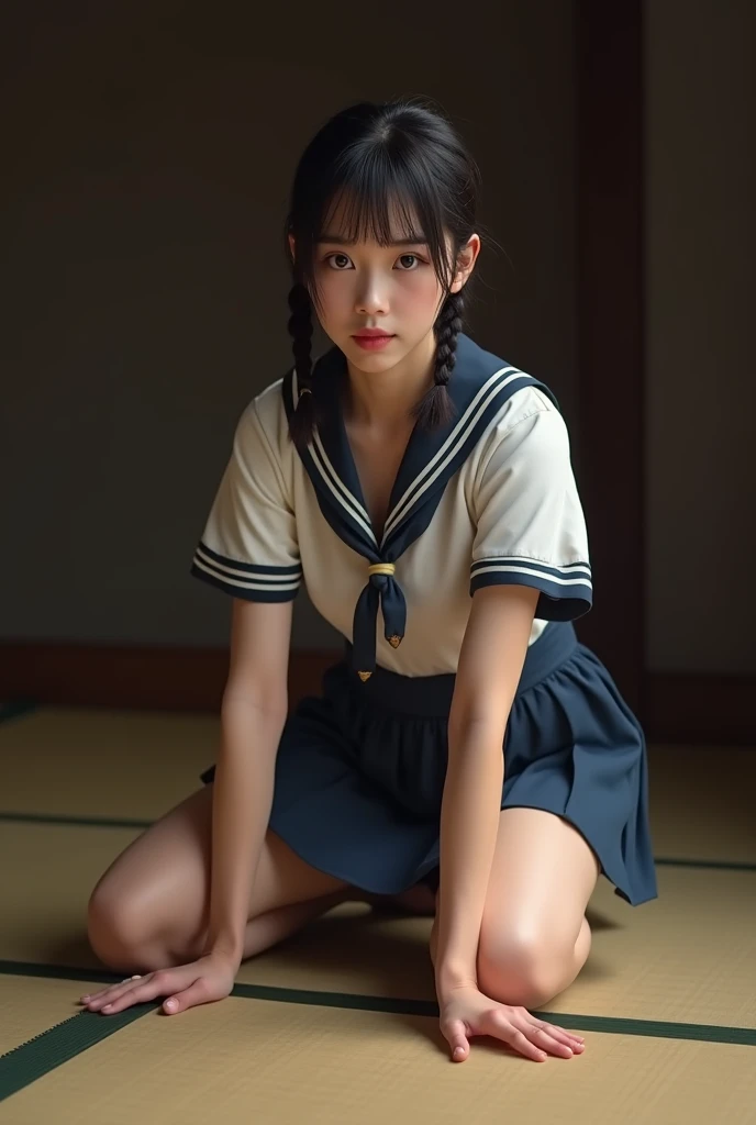 (8k, raw photo, quality, table top: 1.2), (realistic, photorealistic: 1.37), realistic depiction. Japanese woman in sailor uniform. She is wearing a slightly longer pleated skirt of the same color as her uniform over pink underwear. She has short braided h...