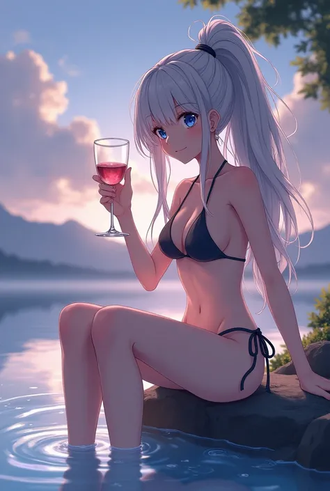 Anime and manga-style depiction of a 16-year-old young woman in a modern isekai fantasy world. She has long, flowing light gray hair, now loosened from its usual high ponytail, cascading down her back in soft, slightly damp waves, with a few strands gently...