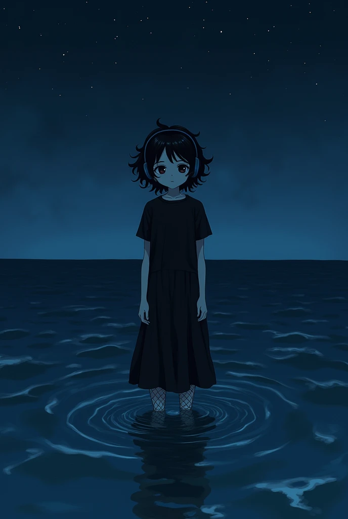 Boy with medium curly hair wearing a ponytail , wearing long black dress , fishnet stockings and black t-shirt black anime type headphones in the sea at night anime type