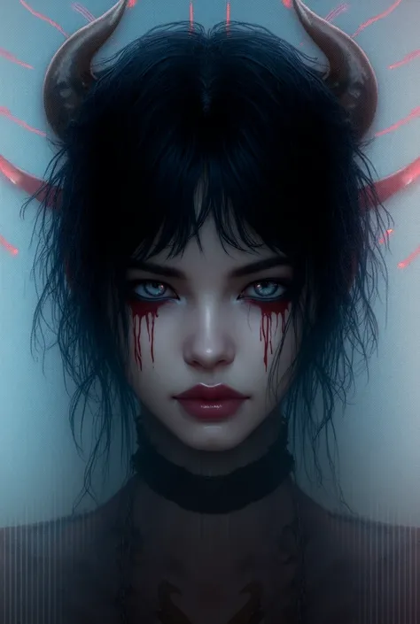 Beautiful girl, with demonic horns  in the cyberpunk stile and xorror blood, улыбкой