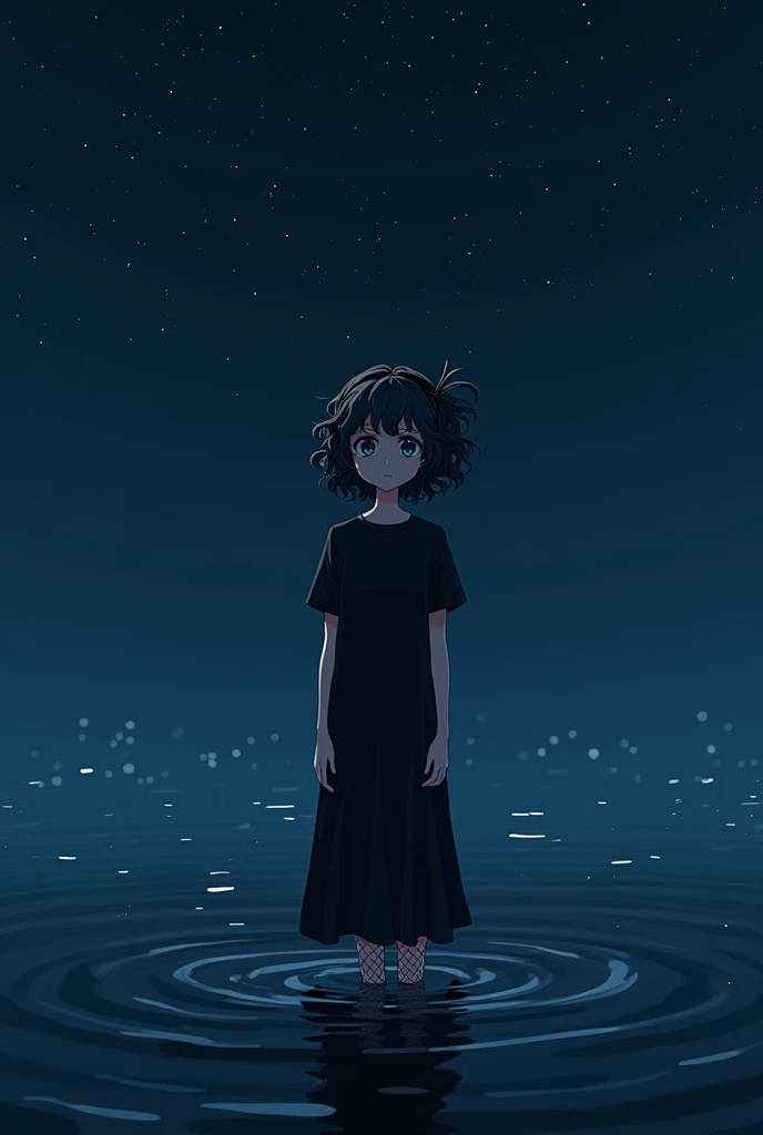 Boy with medium curly hair wearing a ponytail , wearing long black dress , fishnet stockings and black t-shirt black anime type headphones in the sea at night anime type