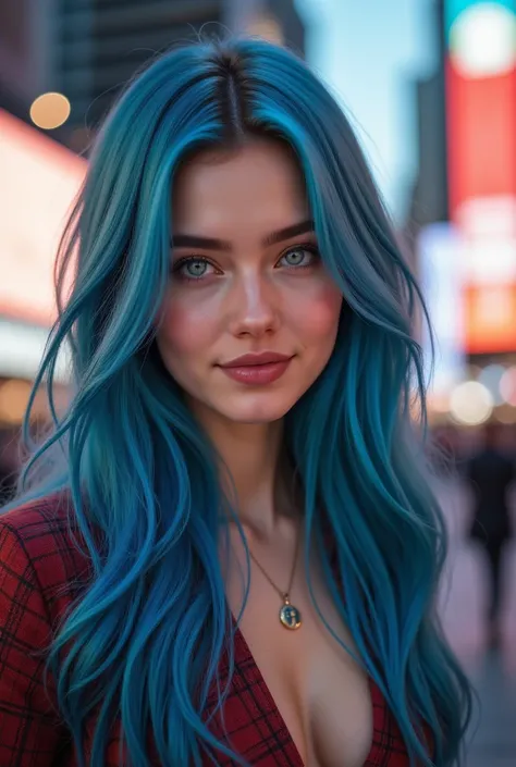 girl with long blue hair, detailed eyes, nose and lips, not very pretty face, in Times Square, posing with Starbuck, HP computer (best quality, 4K, 8k, high resolution, chapter illustrations: 1.2), ultra-detailed, (realistic , photorealistic, photorealisti...