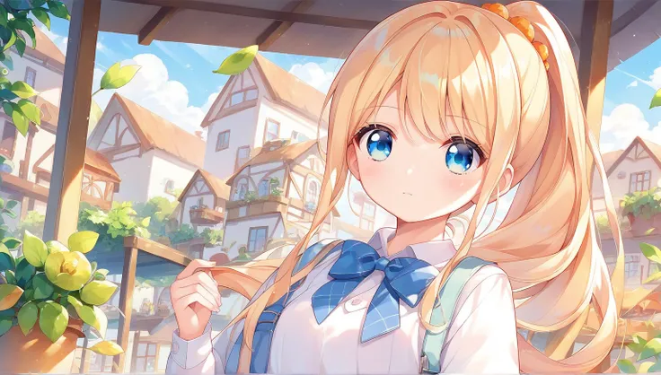  cute girl anime visual  , art animation , maAlso kitagawa fanart,   anime Moe art style , cute anime wife in a white suit,   anime best girl  , Also, Blonde long hair、Blue Eyes Anime , ponytail,Align your bangs,Town Cafe,