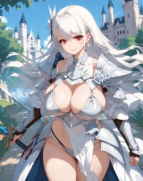 score_9, score_8_up, score_7_up, source_anime, 1girl, huge breasts, large breasts, curvy, voluptuous, white hair (straight bangs), red eyes, long hair, bikini armor, earrings, wilding sword, smile, standing, solo focus, castle scenary, outdoors 