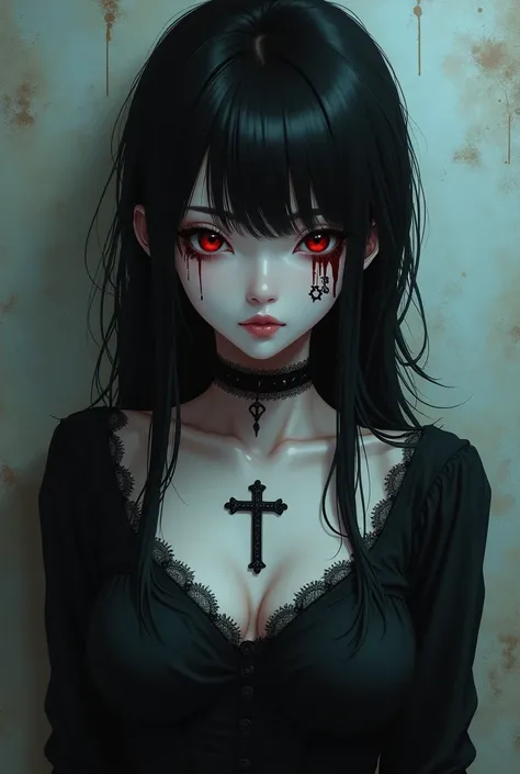 a woman with a cross on her face and a cross on her chest, cruel korean goth girl, goth girl aesthetic, inspired by Yanjun Cheng, goth aesthetic, artwork in the style of guweiz, gothic aesthetic, eerie art style, gothic horror vibes, gothic art style, 1 7 ...